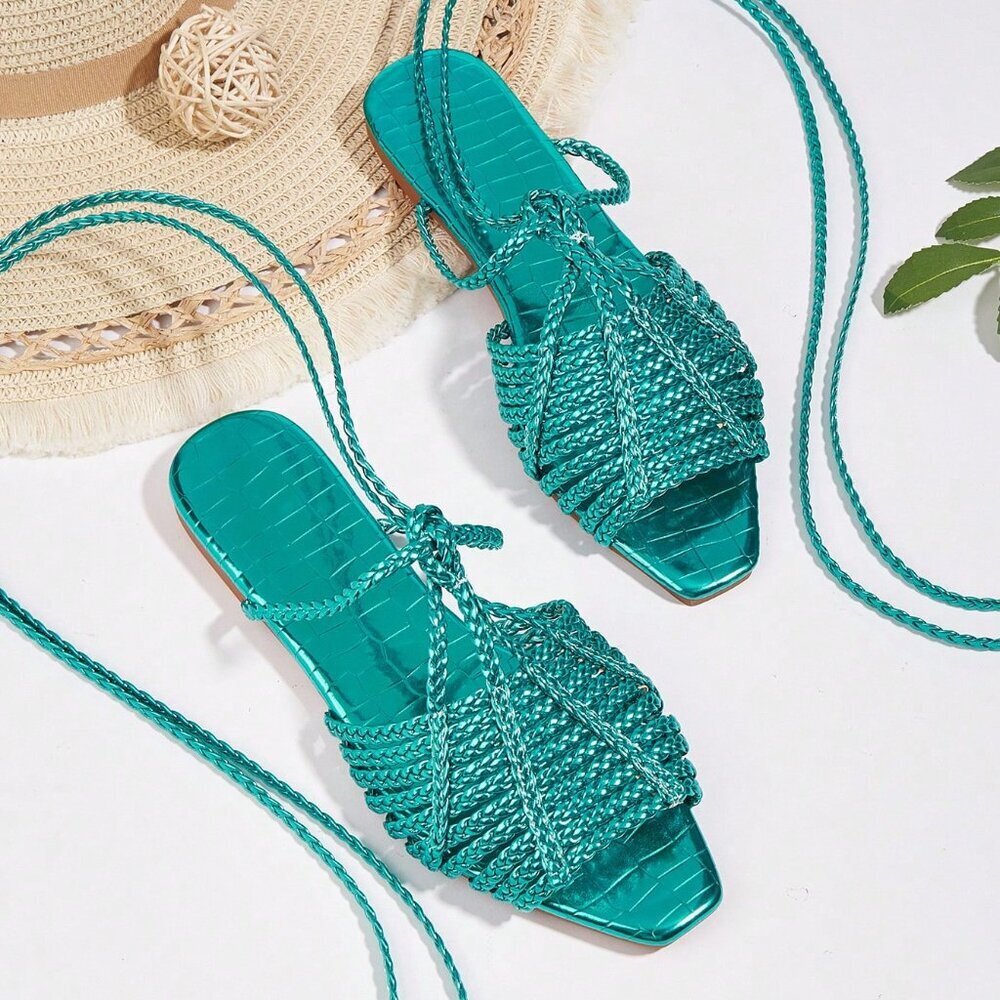 Green Bohemian Women's Flat Sandals with Woven Twisted Strap